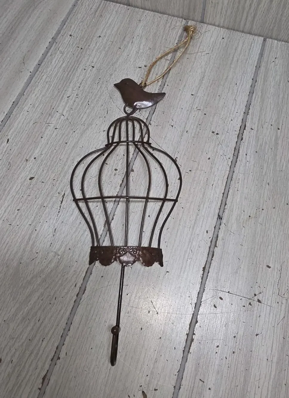 Vtg Bird On Cage Coat Hook Hat Towel Dog/Cat Leash Hanger Metal Cottagecore
